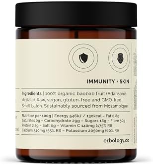 Erbology Organic Baobab Powder 3.2 oz - 45 Servings - Skin Health and Immunity Support - Rich in Vitamin C, B Vitamins and Polyphenols - Sustainably Sourced Straight from Farm - Vegan - GMO-Free