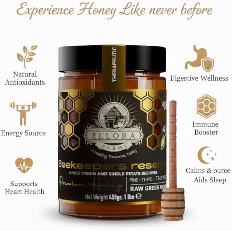 Ellora Farms Greek Honey Single Estate PDO, Pine & Thyme Honey Unfiltered, Gift Pack with Dipper, Beekeepers Reserve, Raw & Unfiltered, Gluten Free - 450g (16oz)