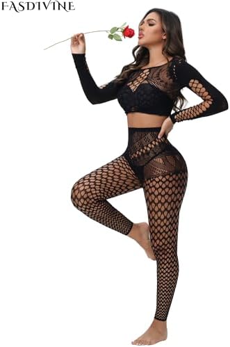 Womens Sexy Fishnet Lingerie Sets Footless Fishnet Stockings Hollow Out Long Sleeve 2 Piece Mesh Bodysuits