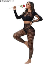 Womens Sexy Fishnet Lingerie Sets Footless Fishnet Stockings Hollow Out Long Sleeve 2 Piece Mesh Bodysuits