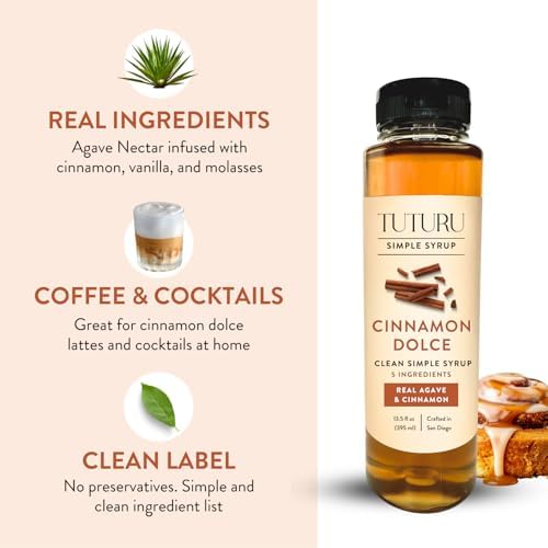 Cinnamon Dolce Simple Syrup for Coffee, Cocktails, Tea, Matcha - Sweetened with Agave Nectar - Clean Simple Syrup with Real Cinnamon, Molasses and Vanilla - 13.5 oz