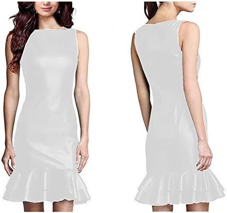 Elegant Hem Ruffles Summer Dress for Woman Sleeveless Mini Dress PU Shiny Liquid Metallic Club Dresses,Silver,XXL