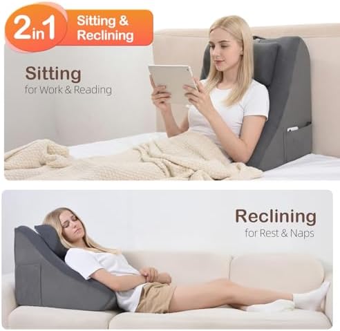 Vekkia 21” Extra-Wide Back Pillow with Adjustable Headrest – 2 in 1 Ergonomic Dual-Layer Wedge Backrest for Sitting or Reclining – Adults on Bed, Sofa & Floor, for Reading, TV & Gaming, Soft Cover