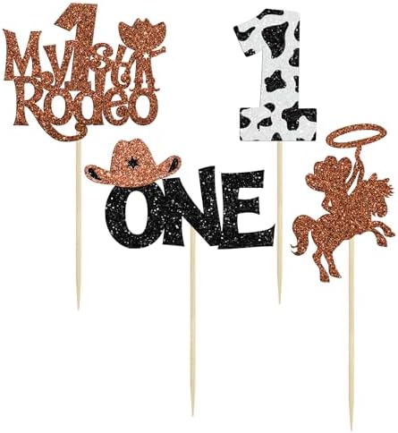 24Pcs Cowboy 1st Birthday Cupcake Toppers Glitter First Birthday Hat Cowboy One Cake Decorations for Western Theme Baby Shower Kids Boys 1st Birthday Party Supplies Brown