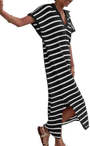 Womens Striped Maxi Dresses Knit Slit V Neck Short Sleeve Long Dress Casual Trendy Slim Fit Sweater Dress