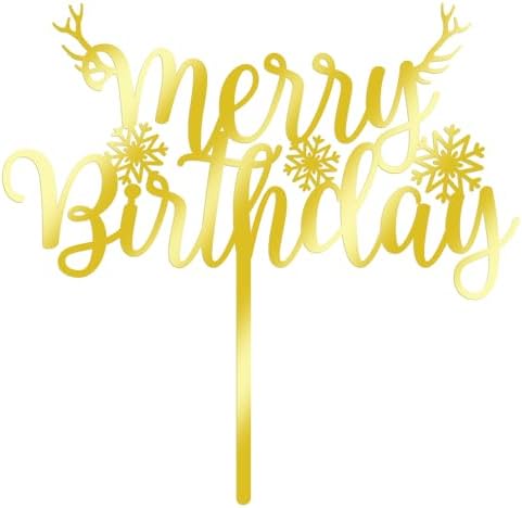 Merry Birthday Cake Topper,Gold Acrylic Xmas Birthday Cake Decorations, for Winter, Happy New Year snowflake Party, Christmas deer Theme Party Cake Decorations
