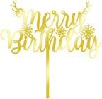 Merry Birthday Cake Topper,Gold Acrylic Xmas Birthday Cake Decorations, for Winter, Happy New Year snowflake Party, Christmas deer Theme Party Cake Decorations
