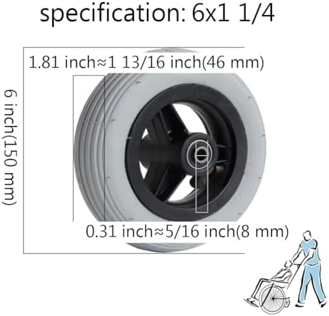 6x1 1/4 Front Wheel of Wheelchair, 6 Inch Manual Wheelchairs Replacement Wheel, Pneumatic Rubber Tire, Casters Rollers, Disabled Vehicles Front Wheel Assembly (1 Set of 2)