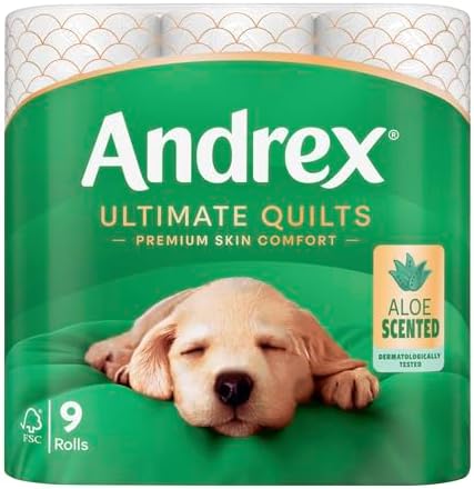 Andrex Ultimate Quilts Toilet Tissue 36 Rolls with Aloe Vera Fragrance, Air Pocket Technology for Soft, Thick Sheets - Bulk Pack of 36 Quilted Toilet Rolls, FSC Certified