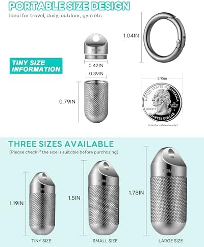 TISUR Titanium Keychain Pill Holder Small Metal Pill Case, Pill Organizer Portable Waterproof Pill Container, Travel Pill Bottle Box for Purse (Tiny-0.39inch)