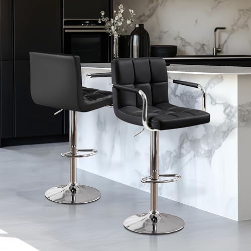 Yaheetech Bar Stools Set of 2, PU Leather Height Adjustable Swivel Barstools, Hydraulic Kitchen Counter Height Bar Chairs with Armrest and Back for Kitchen, Dining Room, Black