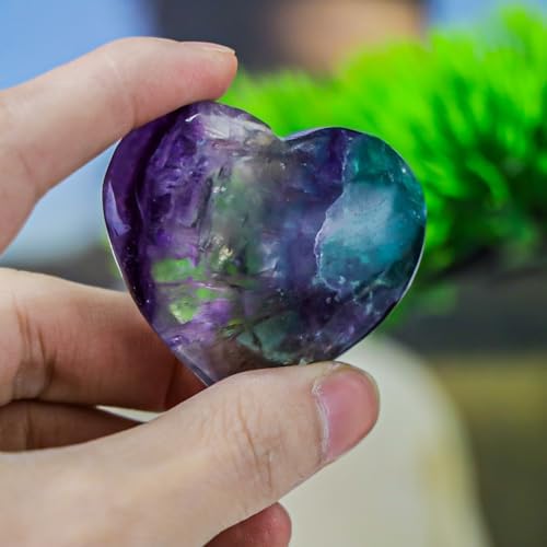 Rainbow Fluorite Heart Crystal Worry Stone for Anxiety Healing Heart Shaped Rock Stone Meditation Reiki Gifts Home Decor