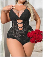 Milumia Plus Size Sexy Lingerie for Women Floral Lace Bodysuits with Chain Rhinestone Cut Out One Piece Nightgown Sleepwear