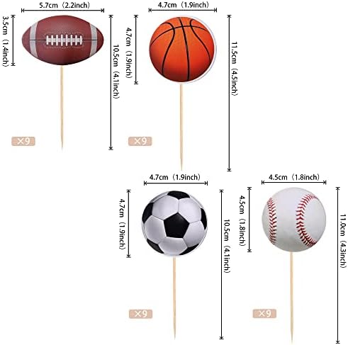 36 PCS Sports Cupcake Toppers Baseball Cupcake Picks Football Soccer Ball ToothPicks Rugby Basketball Cake Decorations for Sports Balls Theme Boys Men Birthday Party Supplies