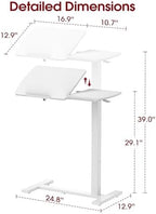 Sakugi Overbed Bedside Table with Wheels, Height Adjustable Laptop Desk, Hospital Bed Table with Right-Side Tilt Top, Rolling Bed Tray for Home & Office,27.6" L x 12.9" D x 29.1"–39" H, White