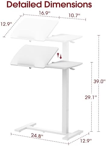 Sakugi Overbed Bedside Table with Wheels, Height Adjustable Laptop Desk, Hospital Bed Table with Right-Side Tilt Top, Rolling Bed Tray for Home & Office,27.6" L x 12.9" D x 29.1"–39" H, White