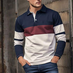 Mens Fashion Long Sleeve Polo Shirts Plus Size Color Block Cotton Pullover Top Casual 3 Button Collared Golf Tshirt