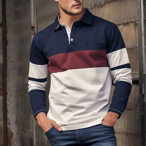 Mens Fashion Long Sleeve Polo Shirts Plus Size Color Block Cotton Pullover Top Casual 3 Button Collared Golf Tshirt