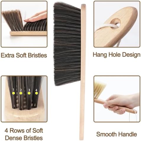 2 Pieces Wooden Dust Brush Hand Broom, Bench Brushes with Bristles, Handle Hair Brushes for Counter Bed Sofa Car Fireplace Household Woodworking Cleaning (Brown, Yellow)