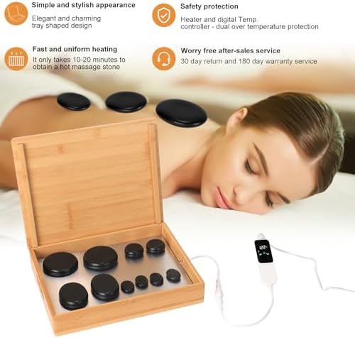 Hot Stone Massage Set with Warmer Kit, 10 PCS Rocks Stones with Bamboo Heater Box, Temperature Control and Timing Setting, Massage Stone Heater for Spa & Home Use