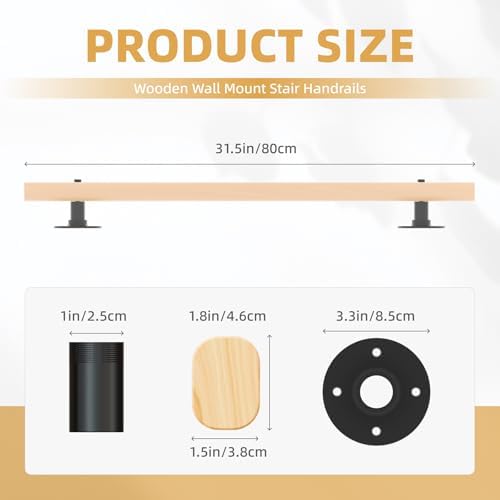 2.6 FT Wood Handrails for Indoor Stairs, Wall-Mounted Staircase Handrails for Indoor Outdoor Stairs, Non-Slip Stair Railing Indoor for Kids, Elderly, Pregnant Women, Disabled