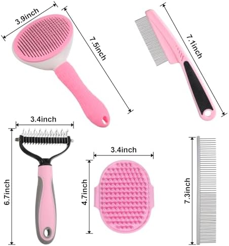 6PCS Dog Grooming Kit, Pet Grooming Kit, Deshedding Brush for Short Hair, Slicker Brush, Flea Comb, Puppy Brush Set in Pink for Dogs, Cats