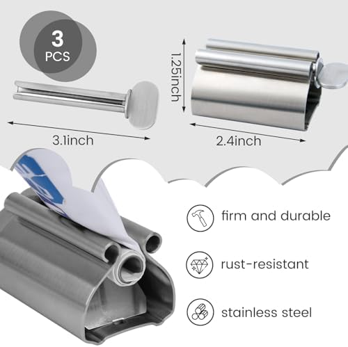 LOVEINUSA Toothpaste Tube Squeezer Dispenser, 3PCS Toothpaste Roller Squeezer Tool Metal Stainless Steel Tooth Paste Holder for Bathroom, Silver