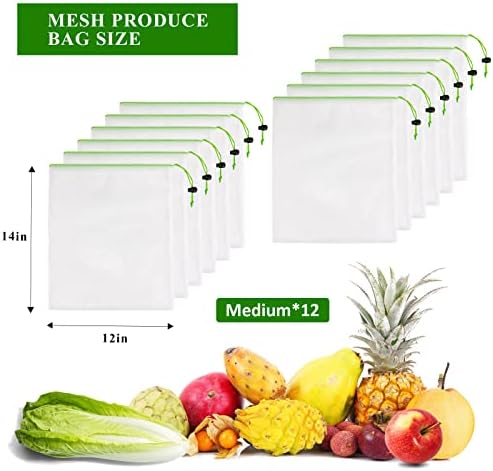Set of 12 Reusable Mesh Produce Bags - Medium (12"x14") - Green - Polyester - Washable - Drawstring Closure