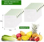Set of 12 Reusable Mesh Produce Bags - Medium (12"x14") - Green - Polyester - Washable - Drawstring Closure