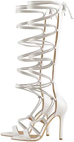 LISHAN Womens Gladiator Knee High Sandals Open Toe Lace Up Criss Cross Strappy Stiletto Heels