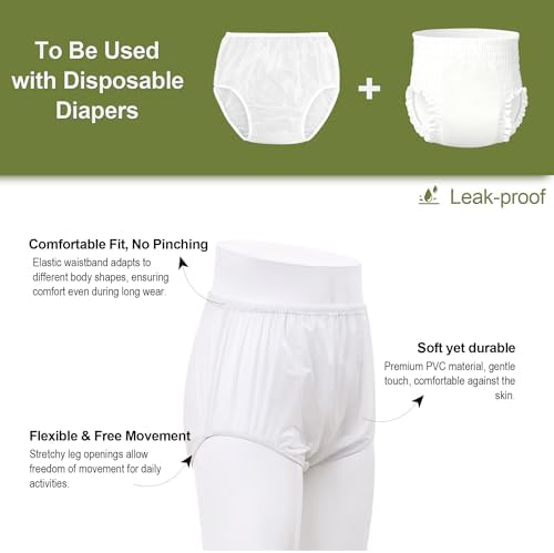 Adult Diaper Cover Plastic Pants, Washable Reusable Waterproof Underwear, Rubber Pants for Adults with Leak Protection, Adjustable Briefs for Incontinence Care (White, X-Large)