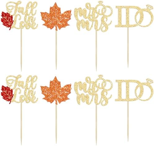 Gyufise 24Pcs Fall in Love Cupcake Toppers Glitter Maple Leaf Cupcake Picks Mr Mrs Diamond I Do Cupcake Decorations for Autumn Wedding Engagement Bridal Shower Theme Party Cake Decorations Supplies