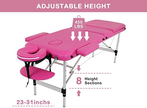 Massage Table, 3 Fold Lash Bed, Massage Bed Portable for Eyelash Extensions, Wide Massage Table with Carrying Bag, Massage Tables with Face Cradle & Handle, Portable Chiropractic Table - Pink