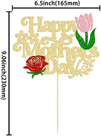 1 Pack Happy Mother's Day Cake Topper Glitter Rose Flower Birthday Cake Pick Best Mom Cake Decorations for Mother's Day Theme Women Birthday Party Decoration Supplies Gold