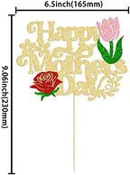 1 Pack Happy Mother's Day Cake Topper Glitter Rose Flower Birthday Cake Pick Best Mom Cake Decorations for Mother's Day Theme Women Birthday Party Decoration Supplies Gold
