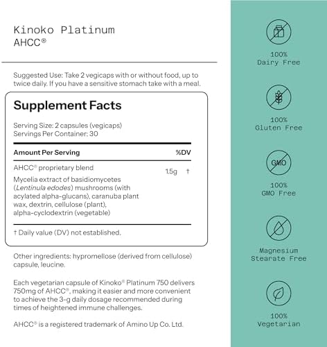 Quality of Life Premium Kinoko Platinum AHCC Herbal Supplement, 750mg per Capsule, for Immune Support, Liver Function, Maintains Natural Killer Cell Activity, Pack of 1, 60 Veggie Capsules