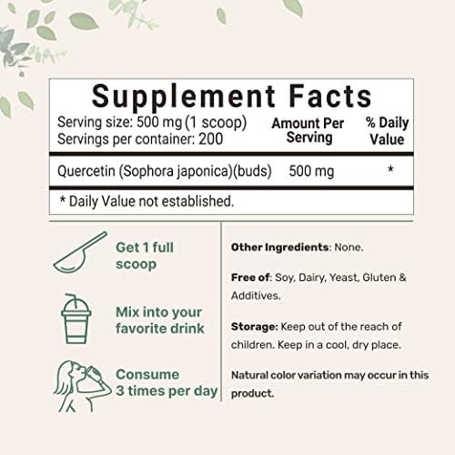 Pure Quercetin Dihydrate Powder, Quercetin 500mg Per Serving, 100 Grams, Most Bioavailable Grade and Filler Free, Powerful Antioxidant Supports Energy, Immune System, No GMOs and Vegan