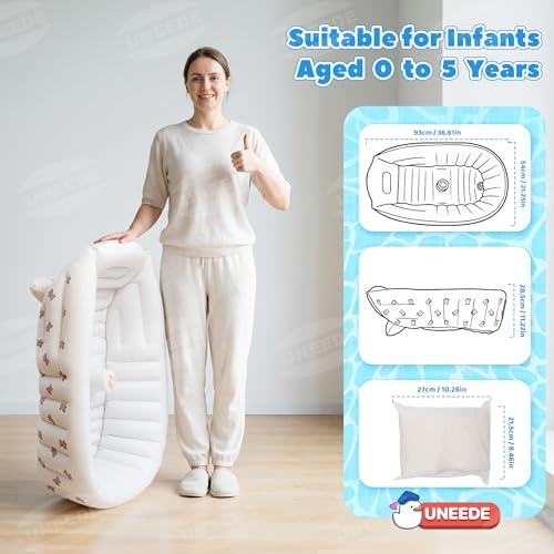 UNEEDE Inflatable Bathtub for Toddlers, Portable Baby Tub with Built-in Air Pump, Anti-Slip Design with Big Drain, Perfect for 0-6 Months Newborn and up, Ideal for Home Travel & Beach