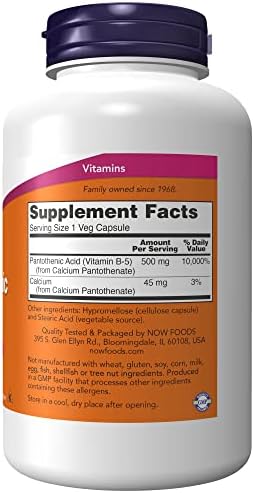 NOW Foods Supplements,Pantothenic Acid (Vitamin B-5) 500 mg,B-Complex Vitamin,250 Capsules