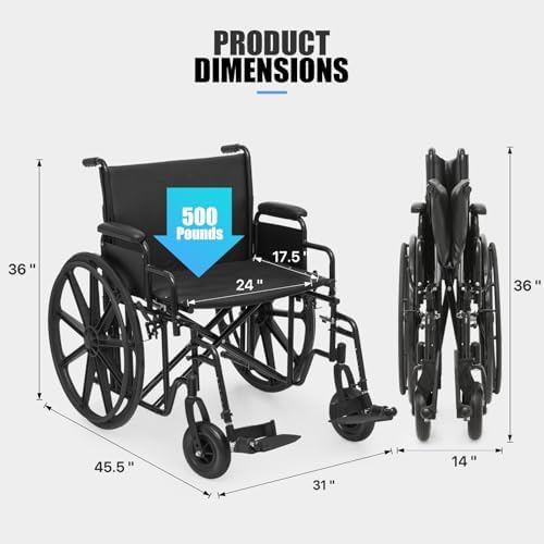 Extra-Wide Bariatric Wheelchair for Adults, 500 lbs Heavy-Duty Folding Self-Propelled Wheelchair with 24" Wide Seat, Dual Push & Self-Propel Design, Black Steel Frame