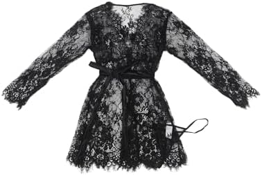 Women Sexy Solid Color Lace Splice Pajama Set Eyelash Lace Robe Long Sleeves Sexy Short Kimono Robe with G-String