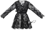 Women Sexy Solid Color Lace Splice Pajama Set Eyelash Lace Robe Long Sleeves Sexy Short Kimono Robe with G-String