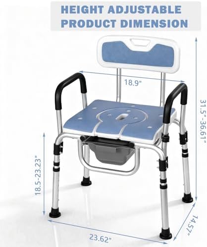 3 in 1 Bedside Commode Chair and Shower Chair for Elderly Adults, Portable Toilet with Adjustable Height, Arms and Removable Bucket for Home Care