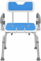 Shower Chair and Commode Combo with Flip-Up Armrests, Adjustable Bath Seat with Hole, Rust-Resistant Non-Slip Bathroom Bench for Seniors and Adults, White & Blue