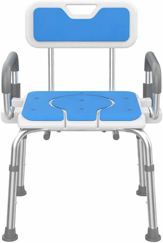 Shower Chair and Commode Combo with Flip-Up Armrests, Adjustable Bath Seat with Hole, Rust-Resistant Non-Slip Bathroom Bench for Seniors and Adults, White & Blue
