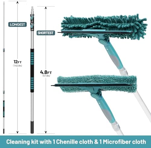 20 Feet High Reach Window Squeegee with 5-12Ft Extension Pole, Window Cleaner Tool with 3-Stage Telescoping Pole, Window Cleaning Kit with Rotatable Head (2 Squeegee & 2 Microfibre Cloths)