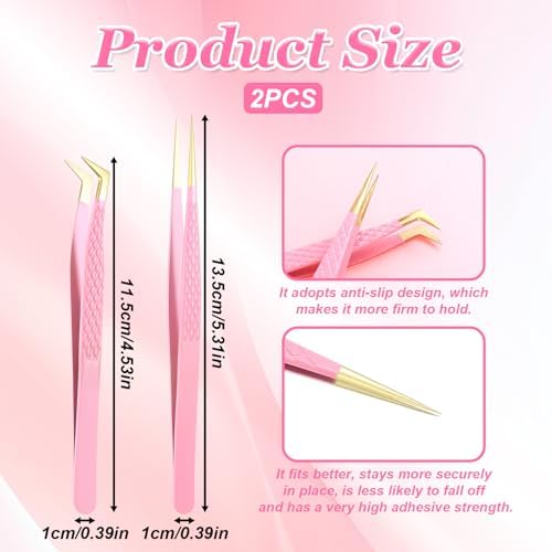 2 Pcs Professional Lash Tweezers Set, Eyelash Cluster Extension Tools Fiber Tip Women Lash Eyelash Eyebrow Tweezers with Bent and Straight Tips, Non-Slip Grip for Volume Classic Lashes (Pink)