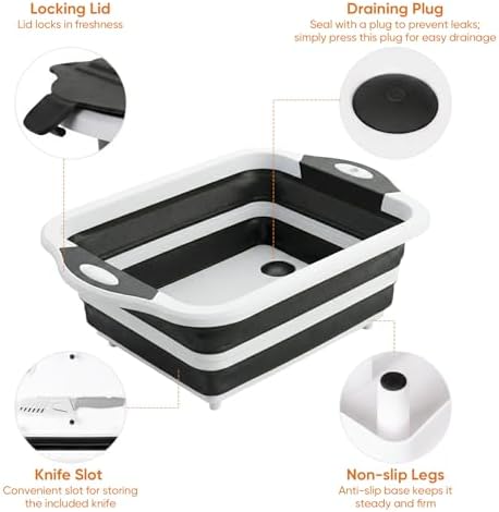 Collapsible BBQ Prep Tub with Lid, Foldable Camping Sink with Colander, Cutting Board, Dish Basin for Kitchen, Bowl, Vegetable and Fruit, Storage Basket for Picnic-Black