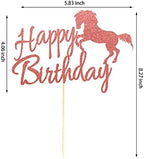 Horse Happy Birthday Cake Topper, Horse Racing Theme Party Decoration for Boys, Girls, Men, Women & Kids - Rose Gold Glitter
