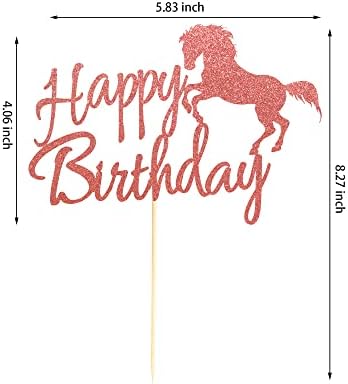Horse Happy Birthday Cake Topper, Horse Racing Theme Party Decoration for Boys, Girls, Men, Women & Kids - Rose Gold Glitter